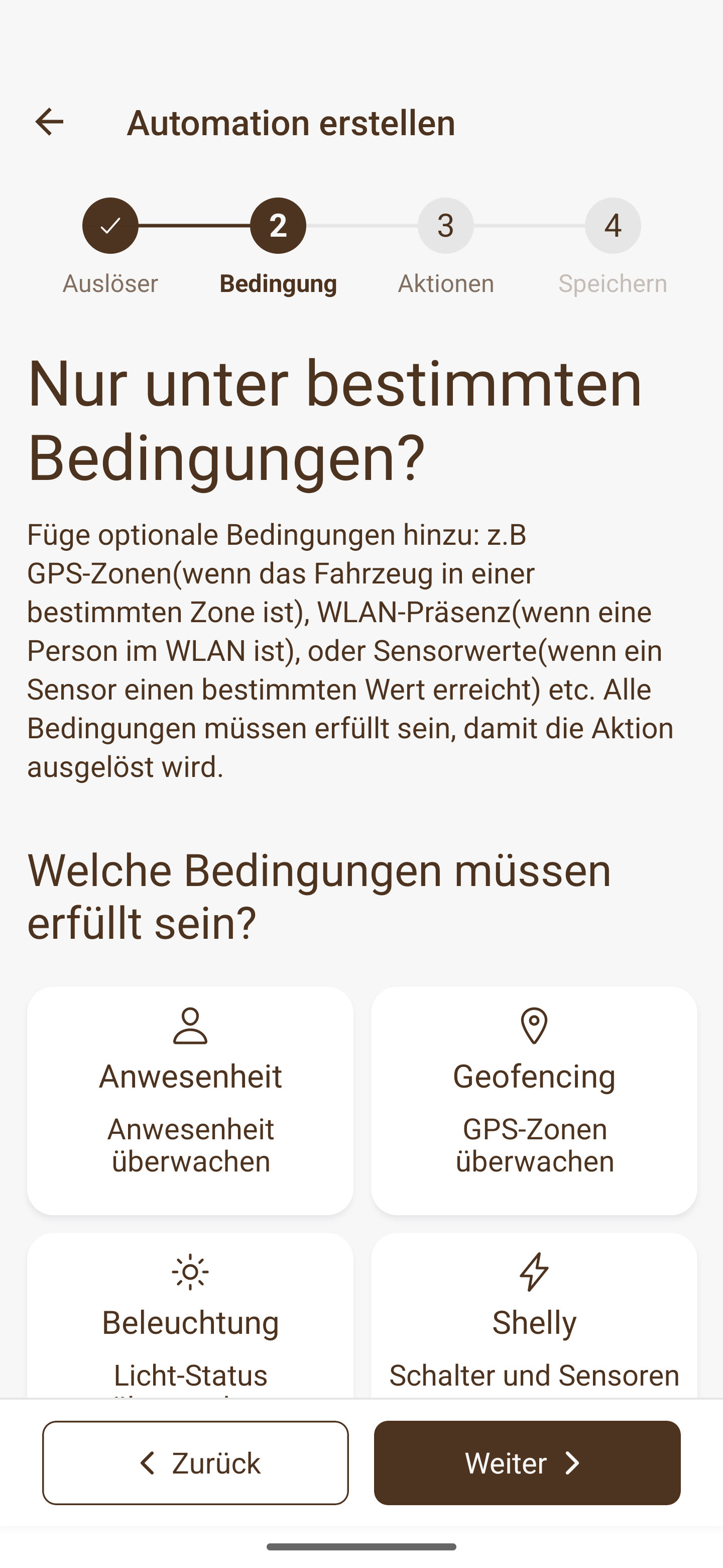 Current original app screen in German: selecting optional automation conditions such as presence, geofencing or device status
