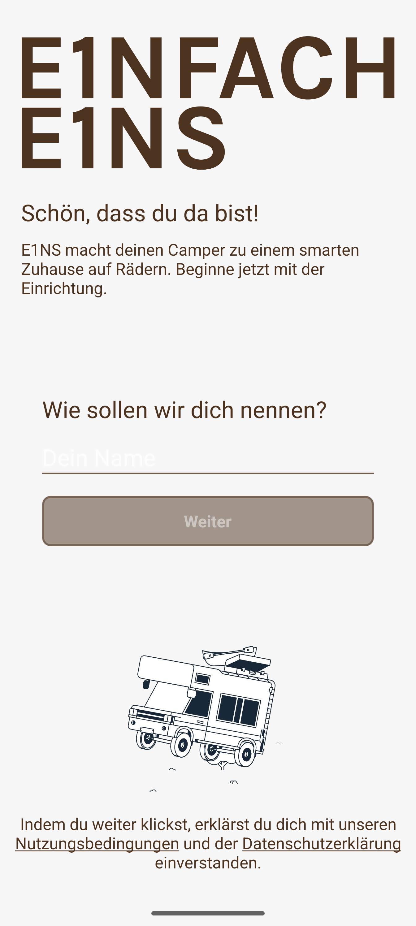 Originaler Willkommensbildschirm der E1NS App zur Einrichtung