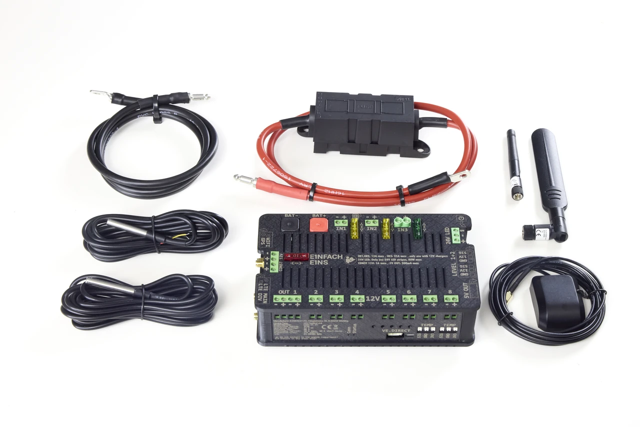E1NS Komplettset mit Box, Batterieanschlusskabel, zwei Thermometern und Antennen